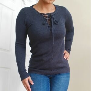 ROI Sz Small Silk Cashmere Gray Long Sleeve Lace Up V-Neck Sweater Top Women's